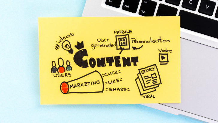 digital marketing content flowchart on a yellow sticky note on top of a laptop